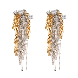 Elegant gold and silver long tassel earrings with leaf motifs and square crystals
