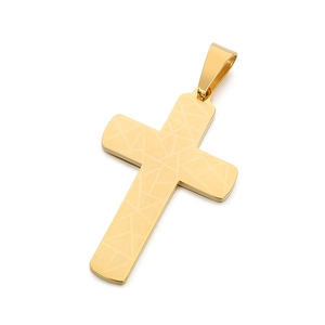 Minimalist gold stainless steel cross necklace with geometric cracked pattern texture