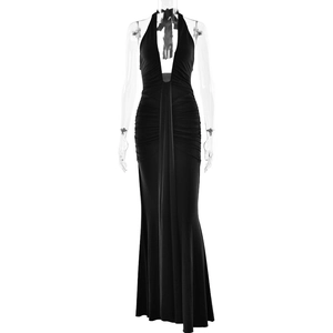 Elegant black halter neck evening dress with plunging V-neckline and draped details