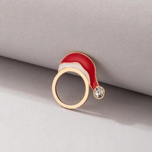 Detailed view of Christmas hat ring with red enamel and sparkling rhinestone detail