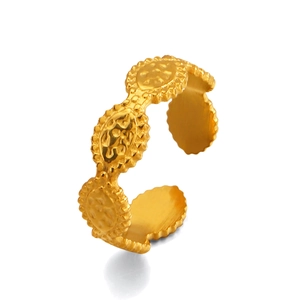 Minimalist gold plated stainless steel open ring with vintage relief texture on white background