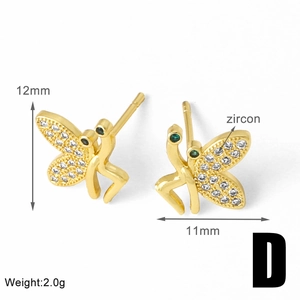Detail view of butterfly stud earrings with zircon inlay and gold plating 12mm x 11mm