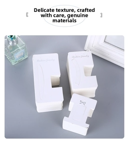 Detailed view of white minimalist jewelry display cards with Fashion Jewelry print