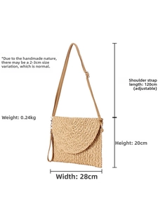 Woven straw crossbody bag for women, casual summer envelope shoulder bag with adjustable strap.