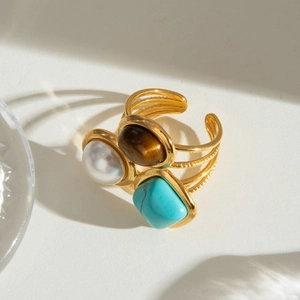 Bohemian gold stainless steel multi-band ring with pearl, tiger eye, and turquoise stones