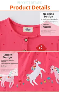 Detail of pink polka dot girl's dress showing round neck and colorful unicorn embroidery