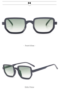 Front and side views of thick black square sunglasses with light green gradient lenses