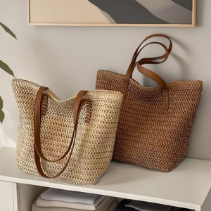 Large capacity handmade straw tote bag with leather handles for summer beach vacations