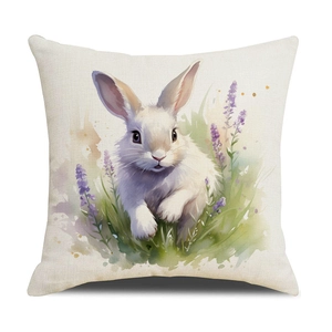 Easter bunny pillowcase with watercolor rabbit and lavender on beige linen fabric