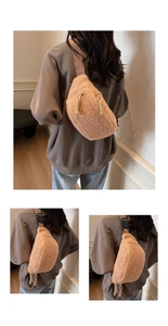 Detailed views of pink plush crossbody chest bag featuring adjustable strap and soft texture