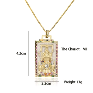 Detailed view of The Chariot tarot card pendant in 18K gold plated brass with dimensions