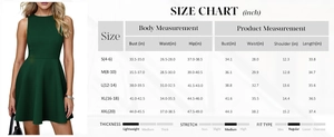 Size guide for sleeveless slim dress showing body and product measurements in inches