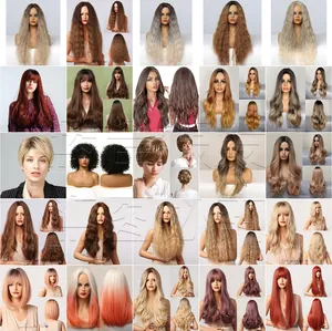 Collage of multi-color synthetic wigs including long wavy, straight and bob styles