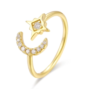 Minimalist 925 sterling silver open ring with gold moon and star pavé cubic zirconia