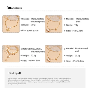 Detailed spec sheet of gold starfish and pearl necklaces with titanium steel dimensions