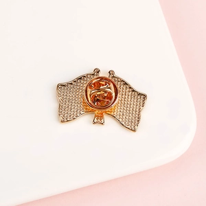 Detail of metal flag badge back featuring gold texture and butterfly clutch closure