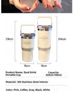 Size chart and capacity details for 600ml and 900ml stainless steel tumblers