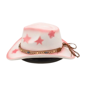Detail of pink and white gradient cowboy hat with star motifs and beaded tassel band