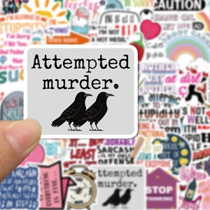 Waterproof sarcastic raven sticker set for laptop with Attempted Murder pun design