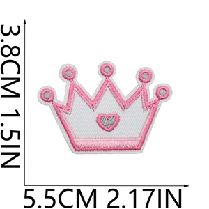 Detailed view of pink embroidered crown patch with precise size measurements in CM and IN