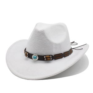 Detail of white felt western cowboy hat featuring ethnic style bead and turquoise band
