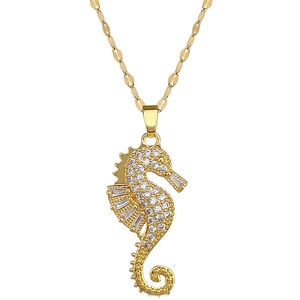 Elegant gold seahorse pendant necklace for women with sparkling crystal stones