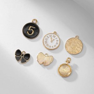 DIY alloy enamel clock and bow charms in gold and black for jewelry making