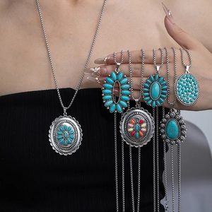 Bohemian natural turquoise necklace with vintage silver titanium steel chain for women