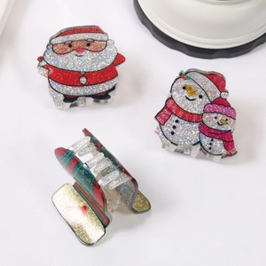 Christmas hair claw clips set featuring Santa Claus, snowman designs and glitter finish