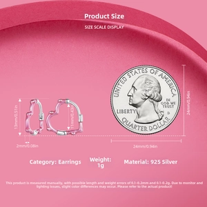 Detailed size chart for pink heart earrings with measurements of 13mm height and 11mm width