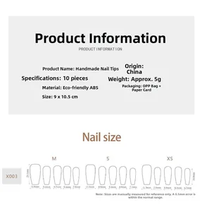 Detailed size chart for ink wash style press-on nails in XS, S, and M sizes