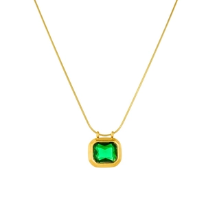 Vintage gold-plated snake chain necklace featuring a square emerald zircon pendant on white