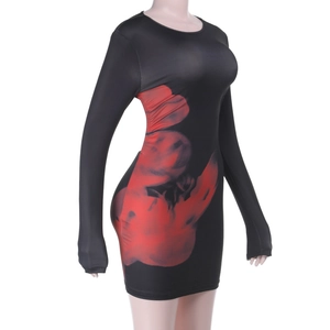 Detailed side view of slim fit bodycon dress with red floral print and backless design