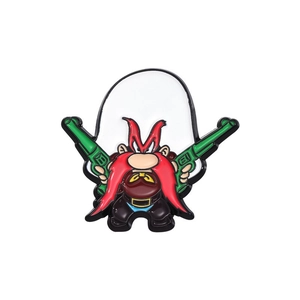 Yosemite Sam enamel pin with red mustache and guns, cartoon badge for clothes