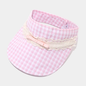Pink plaid sun visor hat with elegant lace trim and a decorative ribbon bow for women