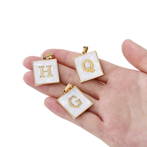 Golden 22mm square stainless steel letter charms with white shell inlay for necklaces