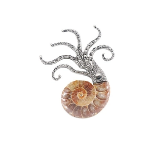 Exaggerated silver octopus brooch pendant featuring a natural spiral ammonite fossil shell