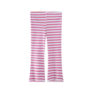 Pink and blue striped knit flared leggings for girls with elastic waist and ruffle hem