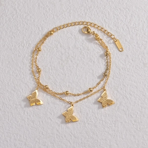 Bracciale a doppio strato in acciaio inossidabile placcato oro 14K con tre farfalle