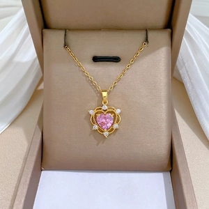 Elegant Pink Heart Pendant Necklace With Titanium Steel Chain And Copper Micro Pave Zircon For Women Gift
