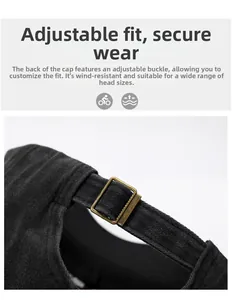 Detail of cotton baseball cap with adjustable brass buckle for custom fit