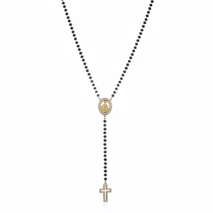 Detail of 18K gold-plated rosary necklace with black beads, Virgin Mary medal and cross