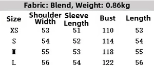 Size chart detail for loose suede casual jacket showing fabric and weight info
