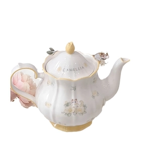 French vintage ceramic teapot with camellia and cat design in pastoral style