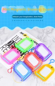 Detailed view of six colorful mini magnetic drawing boards with stylus and carabiner hooks