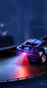 Blue remote control racing car toy with glowing pink LED tail lights and sleek sporty design