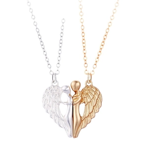 Matching angel wing heart magnetic couple necklaces in gold and silver finish