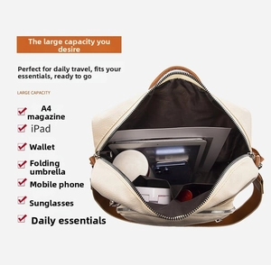Internal view of large beige PU leather backpack showing A4 magazine and iPad storage space