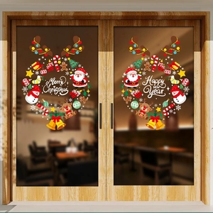 Detail view of Merry Christmas and Happy New Year floral wreath static glass stickers