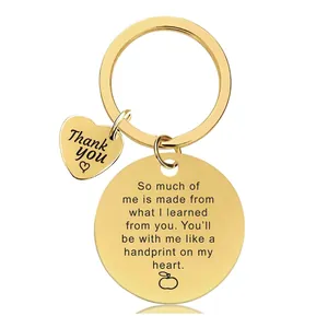 Detail of gold stainless steel teacher gift keychain with heart and apple charms